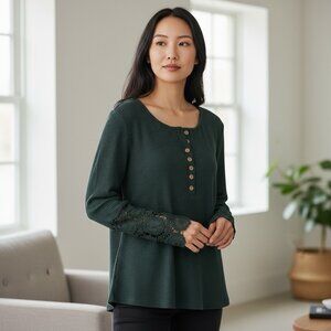 Kancystore Y2K Henley Ribbed Knit Lace Cuff Henley Top M Green Elena Bella Swan